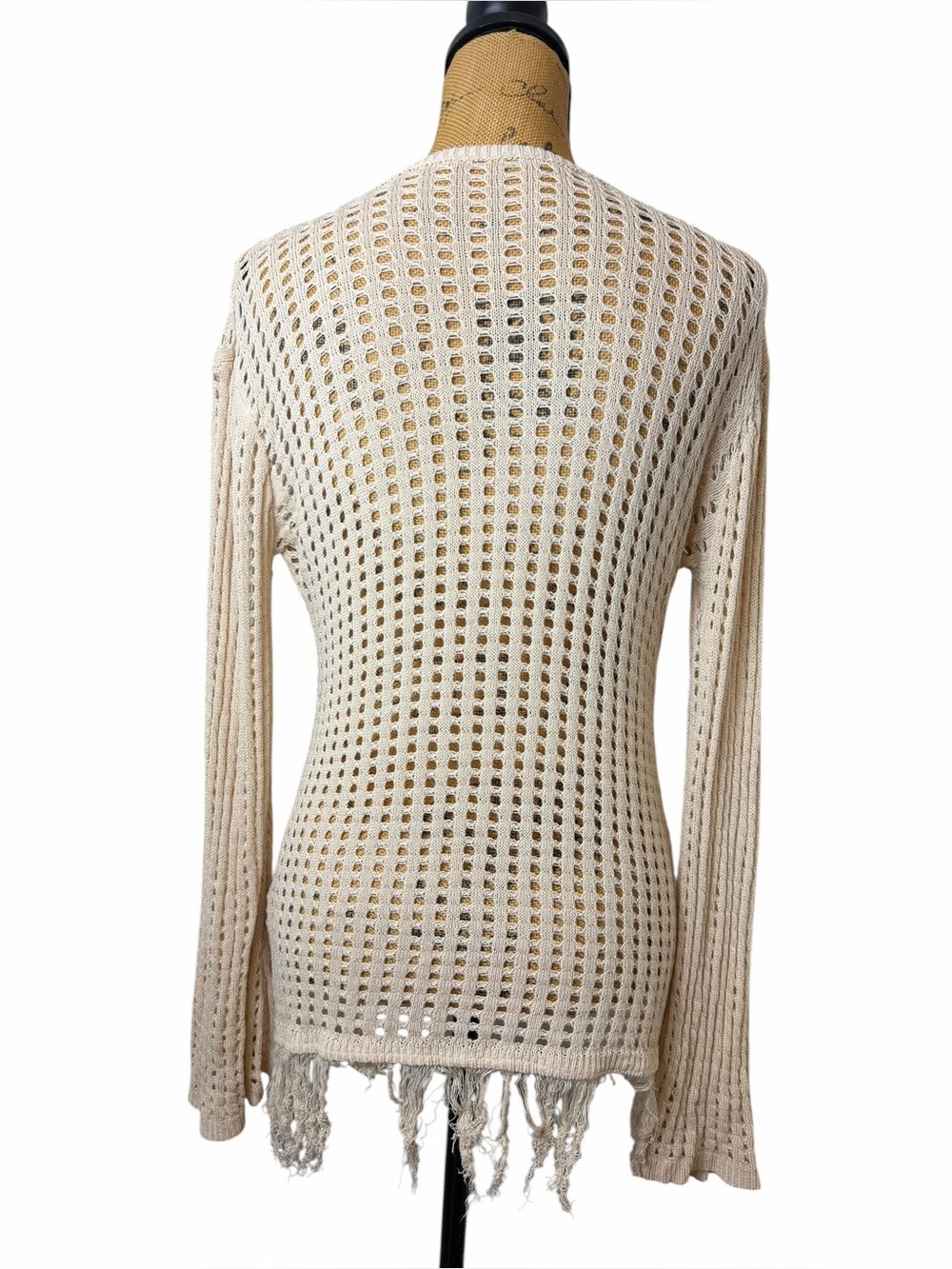 Open Knit Crochet Fringe Beach Cover Up Sweater Boho Resort Coastal Cream - Picture 5 of 5